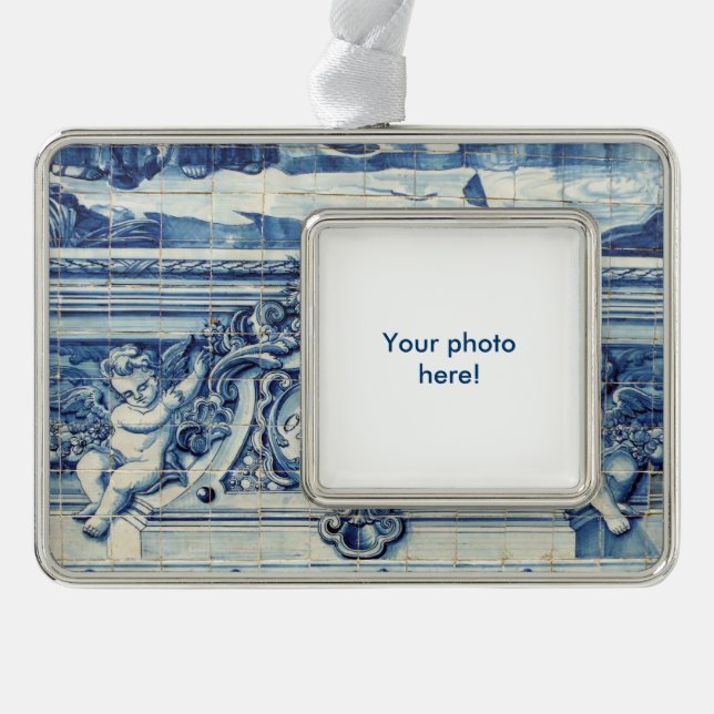 Portugiesische blau-weiße Wandfliesen mit Engeln Rahmen-Ornament Silber (Vorderseite)