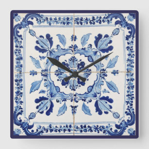 Portugiesische Fliesen Azulejos Vintage Blau Und W Quadratische Wanduhr