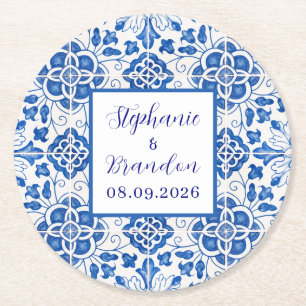Portugiesische Fliesen Blaue Mittelmeer-Hochzeit Runder Pappuntersetzer
