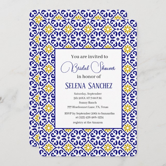 Portugiesische Fliesen Floral Watercolor Brautpart Einladung (Vorne/Hinten)