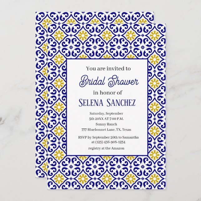 Portugiesische Fliesen Floral Watercolor Brautpart Einladung (Vorne/Hinten)