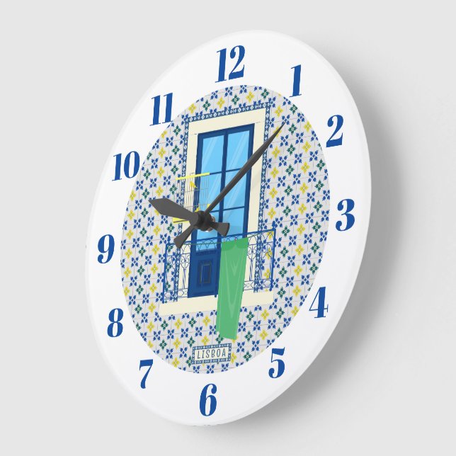 Portugiesische Fliesen und Fensterbalkon mit Vogel Große Wanduhr (Winkel)