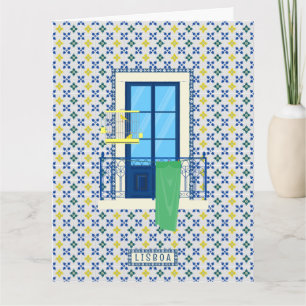 Portugiesische Fliesen und Fensterbalkon mit Vogel Karte
