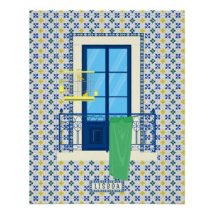 Portugiesische Fliesen und Fensterbalkon mit Vogel Poster
