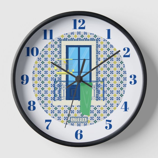 Portugiesische Fliesen und Fensterbalkon mit Vogel Uhr (Vorderseite)