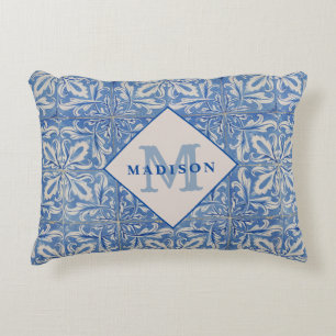 Portugiesische Fliesen Vintage Blau Weiß Monogramm Dekokissen
