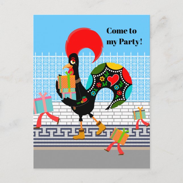 Portugiesische Rooster mit Geschenken 1. Geburtsta Einladungspostkarte (Vorderseite)
