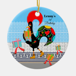 Portugiesische Rooster mit Geschenken 1. Geburtsta Keramik Ornament