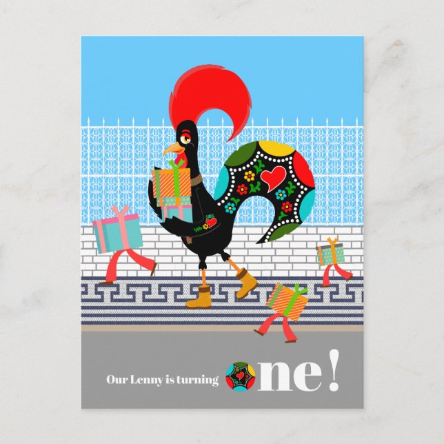 Portugiesische Rooster mit Geschenken 1. Geburtsta Postkarte (Vorderseite)