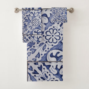 Portugiesische Tiles - Azulejo Blau und Weiße Flor Badhandtuch Set