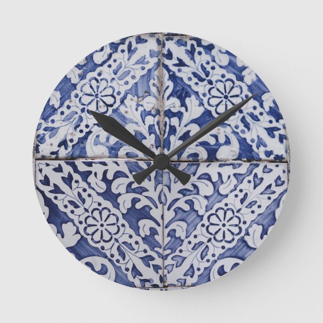 Portugiesische Tiles - Azulejo Blau und Weiße Flor Runde Wanduhr (Vorderseite)