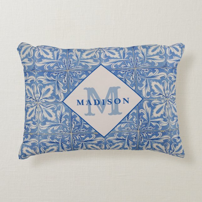 Portugiesische Tiles Vintag Blue White Monogram Dekokissen (Vorderseite)