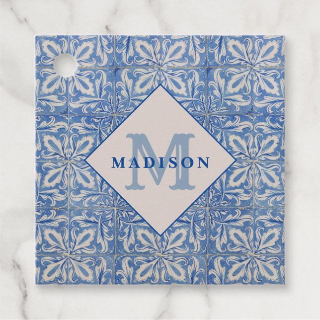 Portugiesische Tiles Vintag Blue White Monogram Geschenkanhänger (Vorderseite)