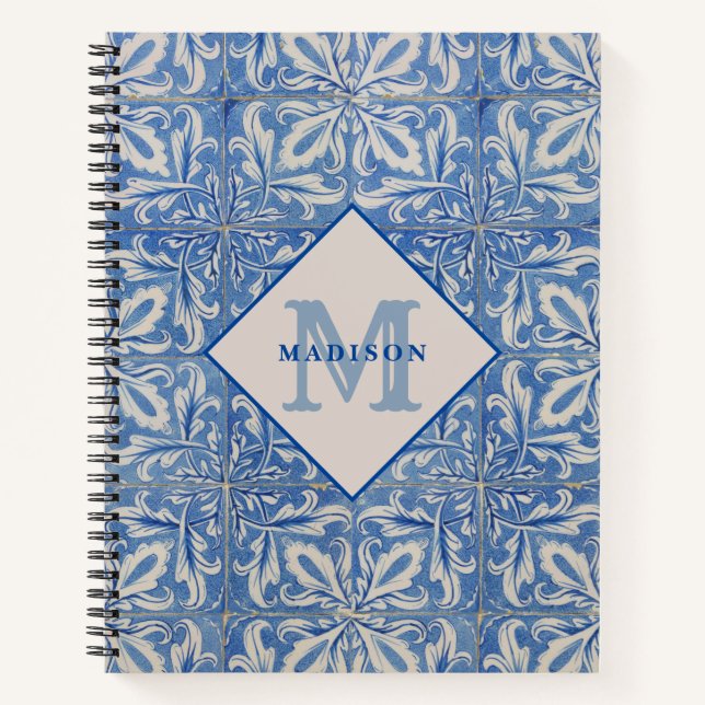 Portugiesische Tiles Vintag Blue White Monogram Notizbuch (Vorderseite)