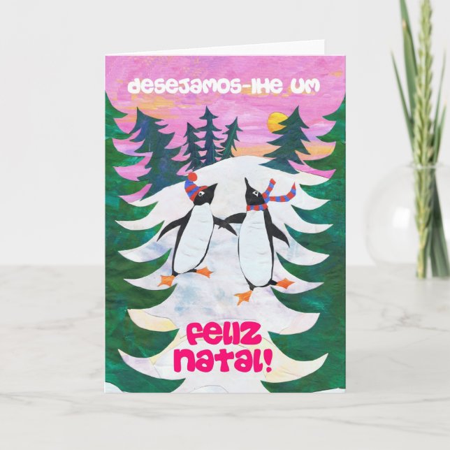 Portugiesische Weihnachtskarte - Skaten Pinguine Feiertagskarte (Vorderseite)