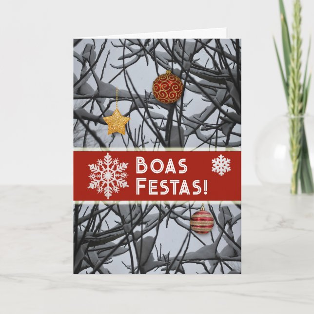 Portugiesische Weihnachtsschmuck auf verschneiten  Feiertagskarte (Vorderseite)