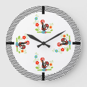 Portugiesischer Hahn mit schwarzen Polka-Punkten Große Wanduhr