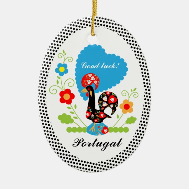 Portugiesischer Hahn mit schwarzen Polka-Punkten Keramikornament (Vorne)