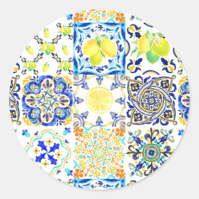 Portugiesischer Majolica Azulejo Mittelmeerlemon Runder Aufkleber (Vorderseite)