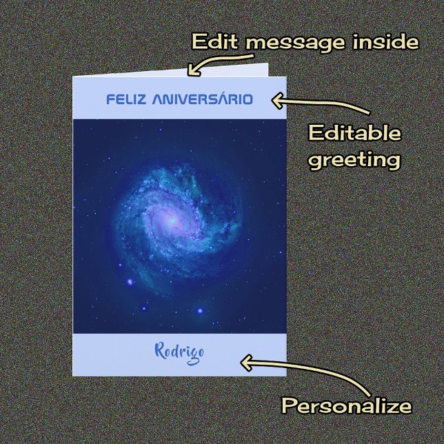 Portugiesischer Text Spiralgalaxie blau Geburtstag Karte (Von Creator hochgeladen)