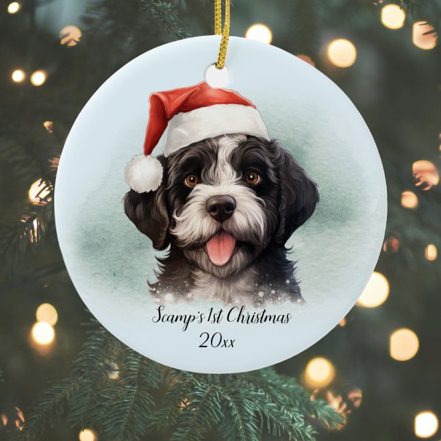 Portugiesischer Wasserhund Erster Weihnachtsfest P Keramik Ornament (Personalize with Dog Name and Year, other text, or delete if not required)
