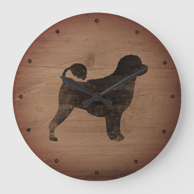 Portugiesischer Wasserhund Silhouette Rustikal Große Wanduhr (Vorderseite)