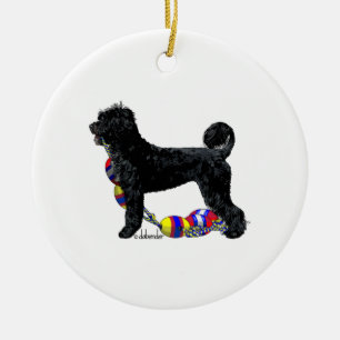 Portugiesischer Wasserhund steht mit Schwimmlinie Keramik Ornament