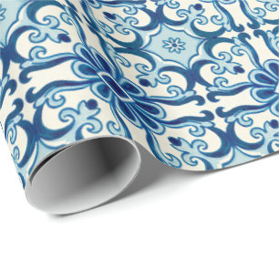 Portugiesisches Azulejos Blaues Blumenkachel-Muste Geschenkpapier