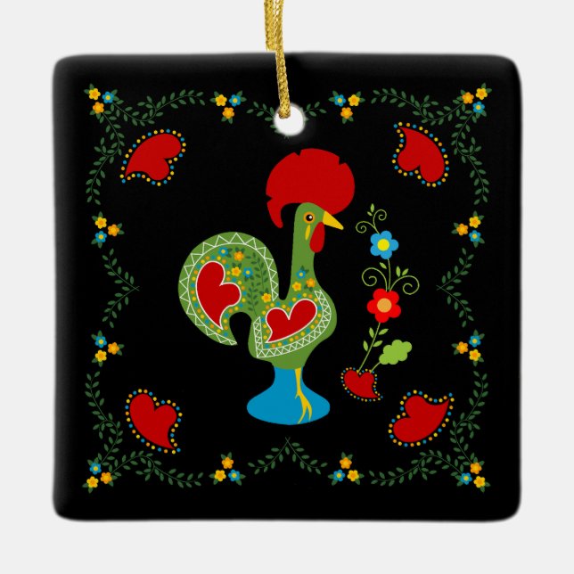 Portugiesisches Rooster des Glücks in grün Geburts Keramikornament (Vorderseite)