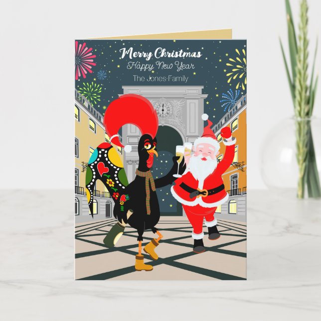 Portugiesisches Rooster und der Weihnachtsmann zum Karte (Vorderseite)