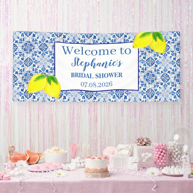 Portugiesisches Tiles Blue Rustic Lemons Brautpart Banner (Party)