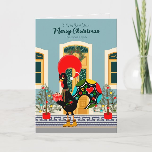 Portugiesisches Weihnachtshaus mit Rooster-Grüße Karte (Vorderseite)