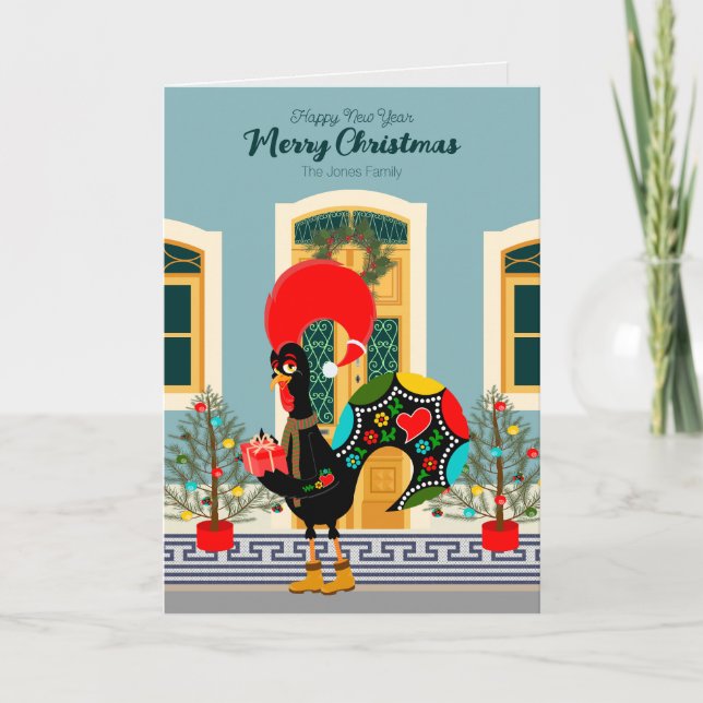 Portugiesisches Weihnachtshaus mit Rooster-Grüße Karte (Vorderseite)