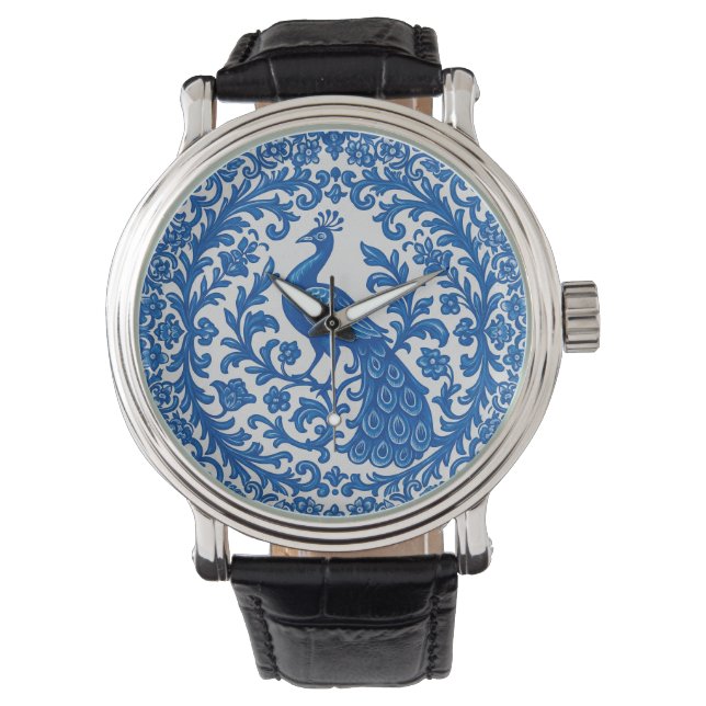 Portuguese Azulejo Peacock Watch – Blue & White Ti Armbanduhr (Vorderseite)
