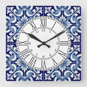 Portuguese blue tile square wall clock quadratische wanduhr