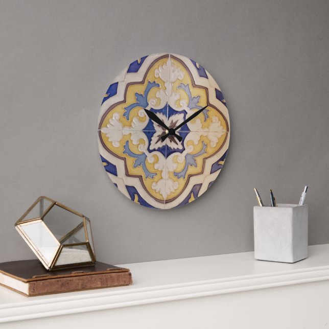 Portuguese Blue Yellow Tile Wall Clock Große Wanduhr (Büro)