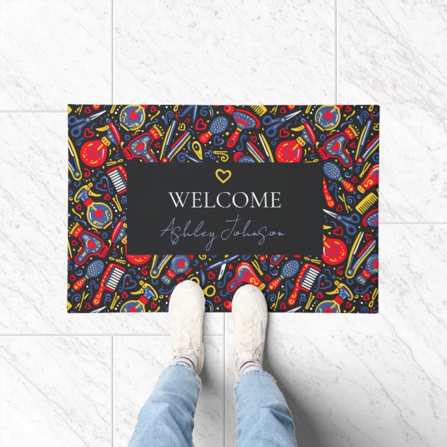 Portuguese folk hair icons — black, red & blue fußmatte (Indoor)