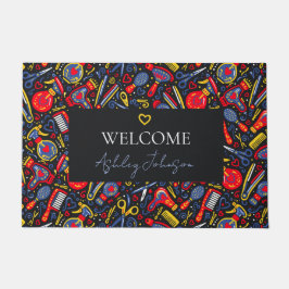 Portuguese folk hair icons — black, red & blue fußmatte