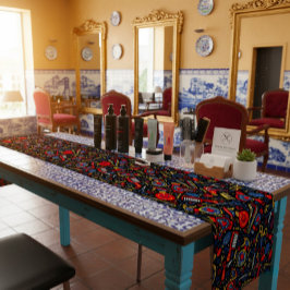 Portuguese folk hair icons — black, red & blue kurzer tischläufer