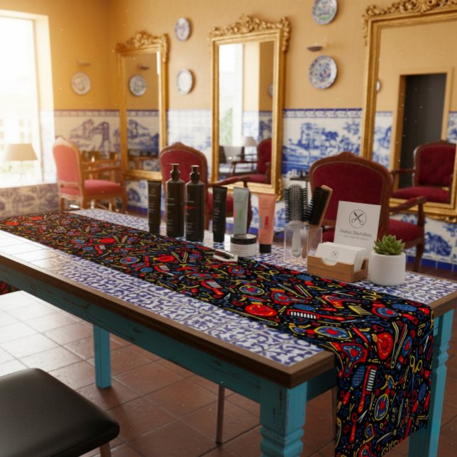 Portuguese folk hair icons — black, red & blue kurzer tischläufer (Von Creator hochgeladen)