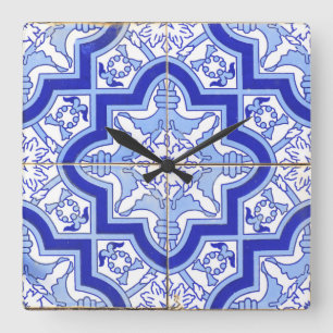 Portuguese Tile clock blue Quadratische Wanduhr