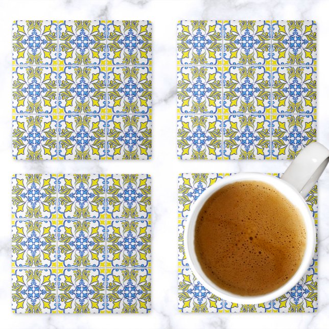 Portuguese Tile Pattern Yellow White Blue Steinuntersetzer (Von Creator hochgeladen)