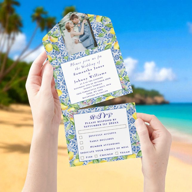 Portuguese Tiles Lemons Rustic Photo Wedding  All In One Einladung (Von Creator hochgeladen)