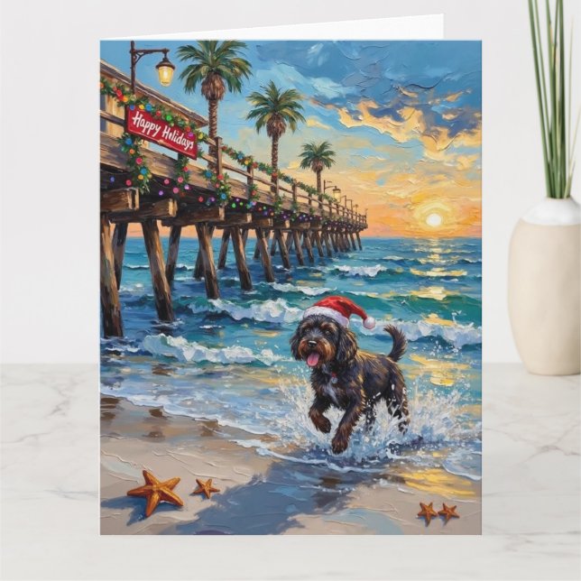 Portuguese Water Dog Christmas Beach Boardwalk Karte (Vorderseite)