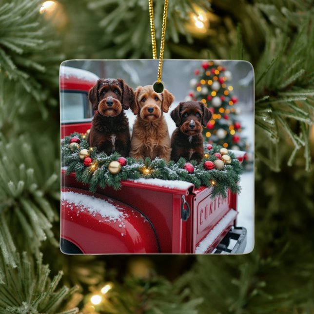 Portuguese Water Dog Christmas Red Truck Holiday Keramikornament (Baum)