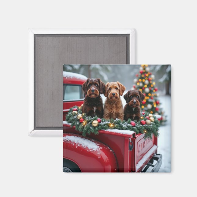 Portuguese Water Dog Christmas Red Truck Holiday Magnet (Vorderseite/Rückseite)