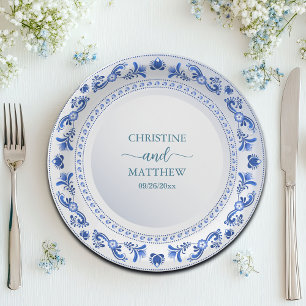 Porzellanblaue Hochzeit mit Blumenmuster   Pappteller