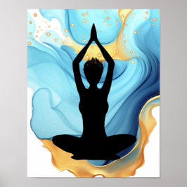 Pose Gebet Yoga Frau Blue Gold kurze Haare wirbeln Poster