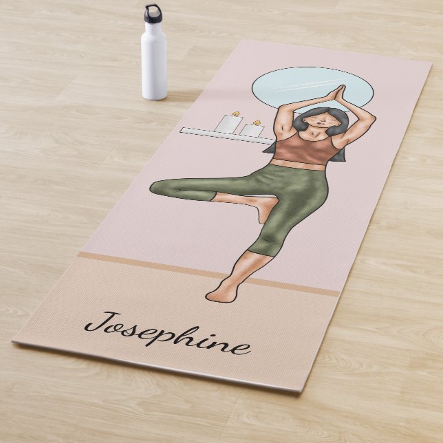 Pose Yoga Vrikshasana Frau mit Individuelle Name Yogamatte (Beispiel)
