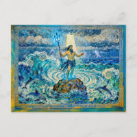 Poseidon auf Meeresfelsen mit Dreizack und Delfine